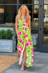 Into The Tropics Double V Neck Maxi Dress : Green/Pink