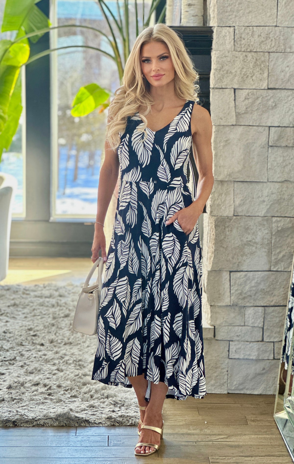 Tribal Amina Printed Sleeveless High Lo Dress : Indigo