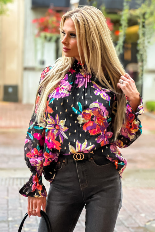 Blossoming Beauty Floral Smocked Ruffle Neck Top : Black/Multi