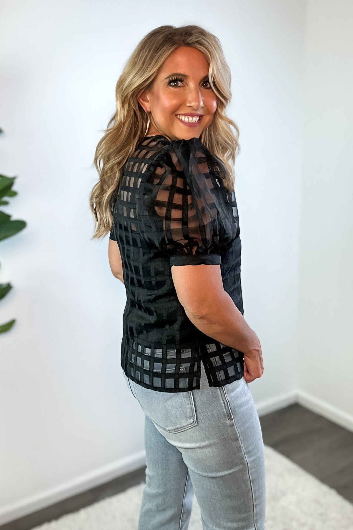 English Factory Emersyn Plaid Sheer Puff Sleeve Top : Black