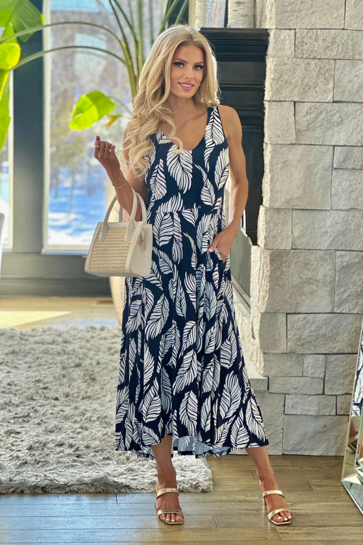 Tribal Amina Printed Sleeveless High Lo Dress : Indigo