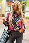 Blossoming Beauty Floral Smocked Ruffle Neck Top : Black/Multi