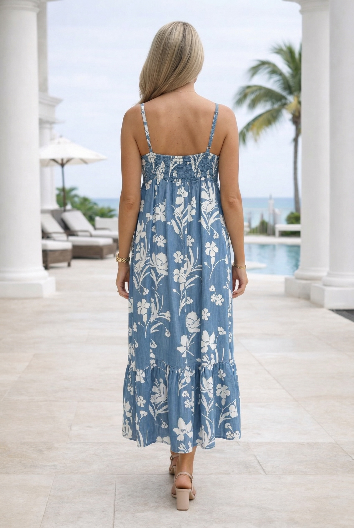 Tribal Ellie Maxi Dress With Bottom Frill : Seaside Blue