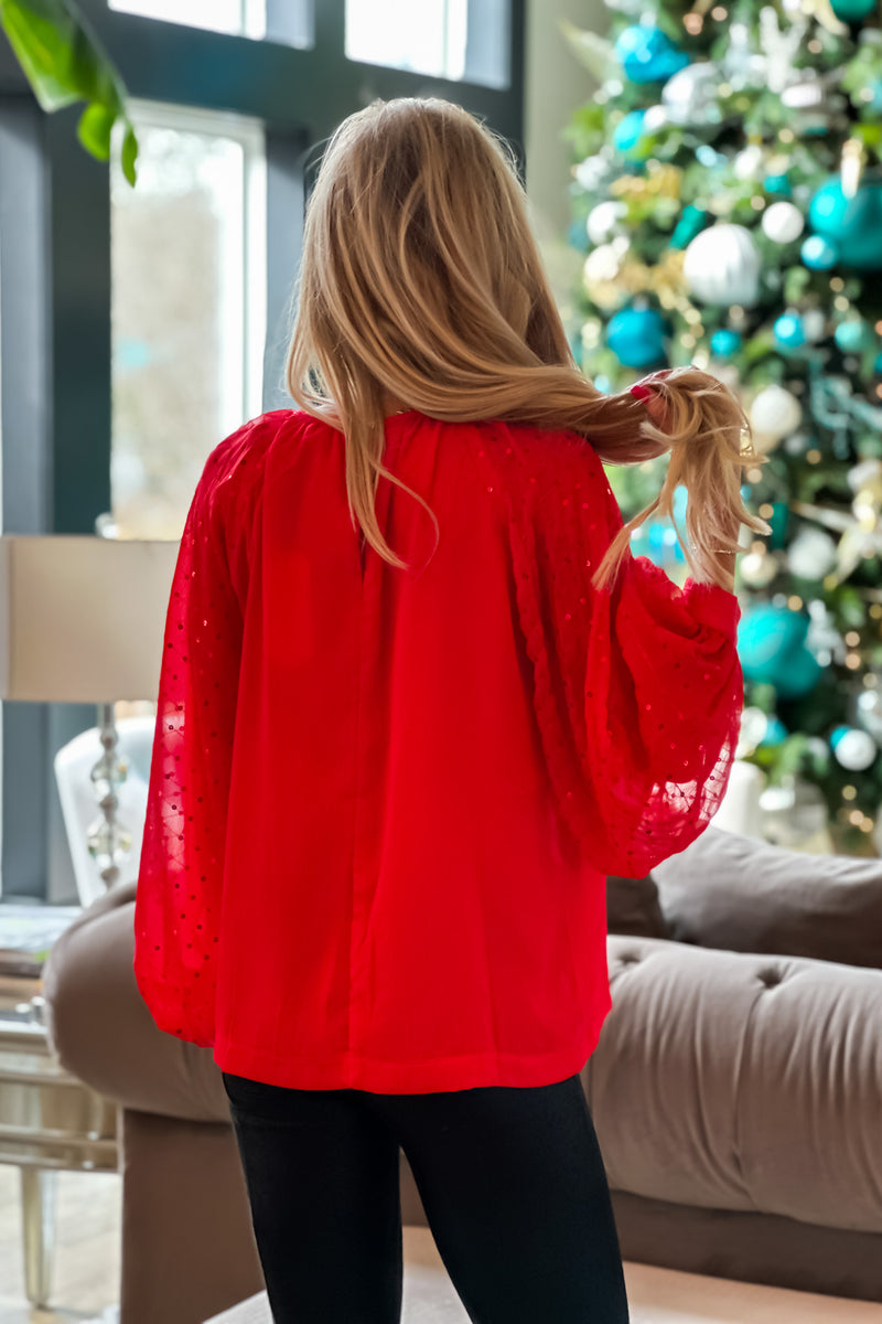 Lucky To Be Loved Sequin Balloon Sleeve Blouse : Red