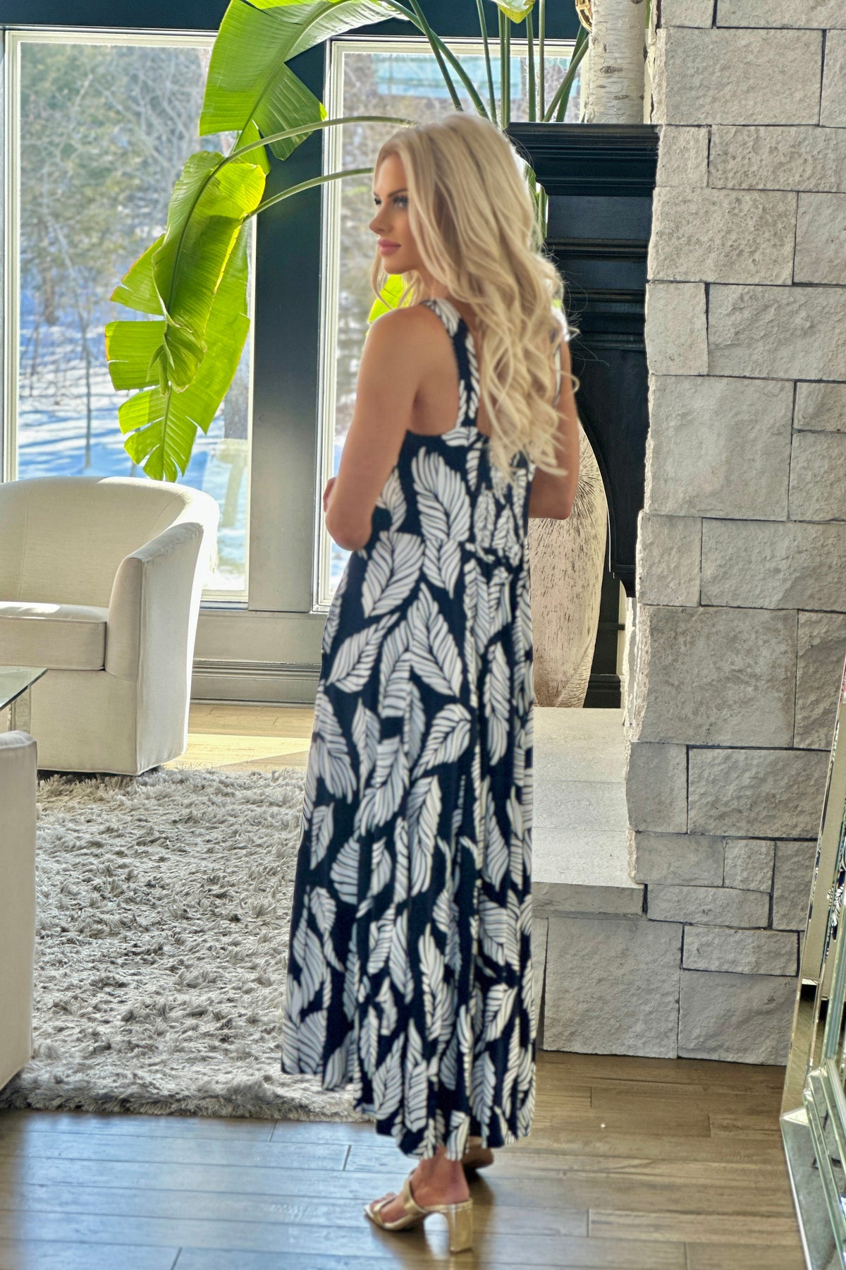 Tribal Amina Printed Sleeveless High Lo Dress : Indigo