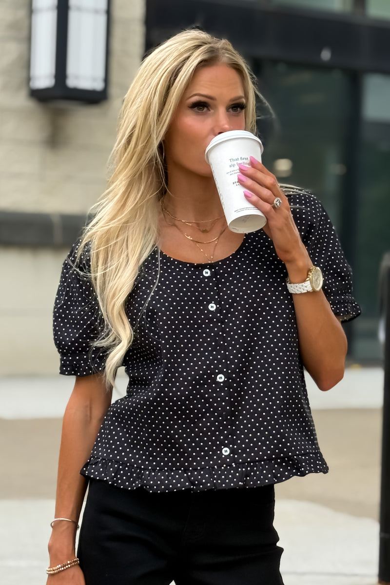 Bonnie Polka Dot Button Up Blouse : Black