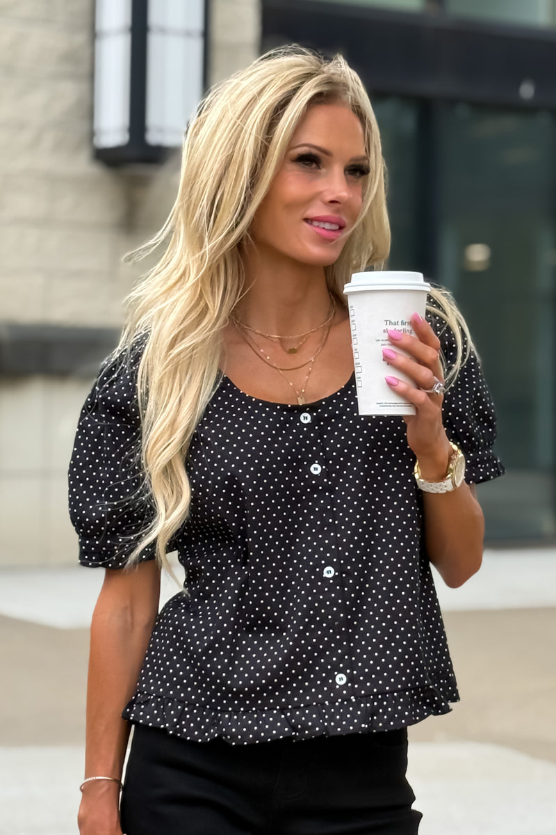 Bonnie Polka Dot Button Up Blouse : Black
