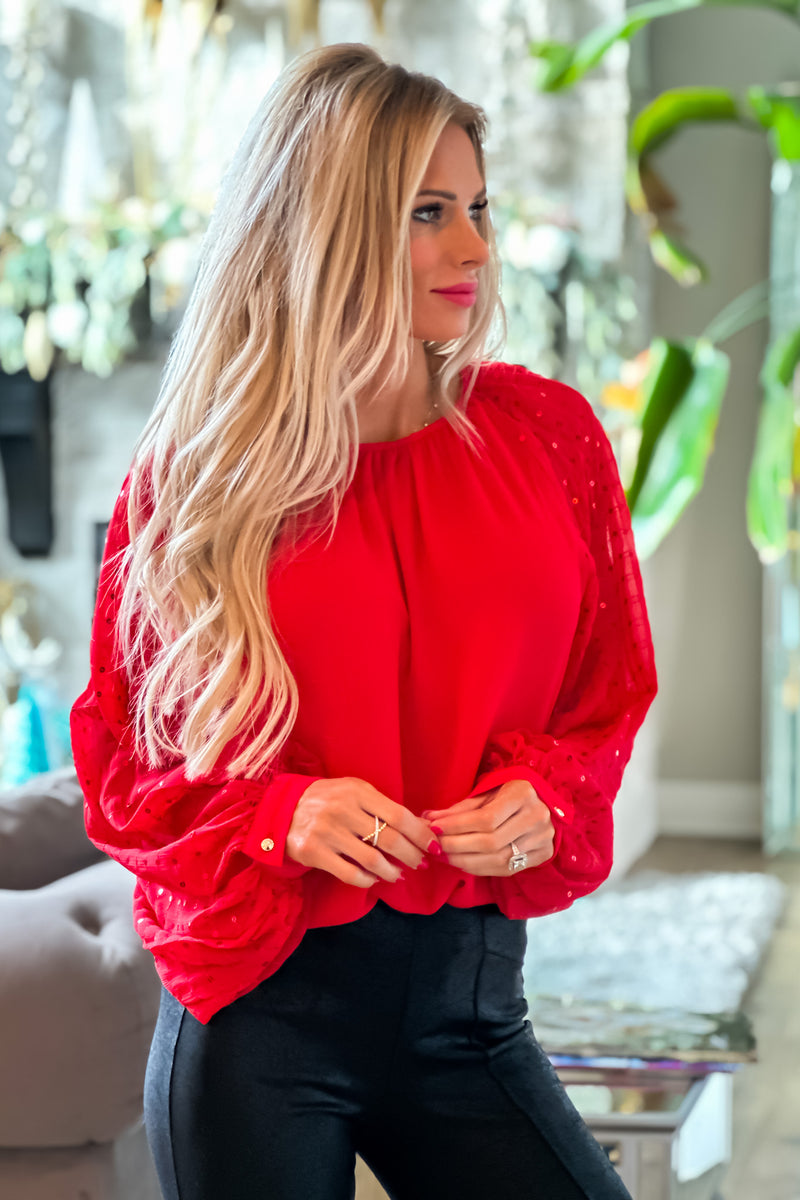 Lucky To Be Loved Sequin Balloon Sleeve Blouse : Red