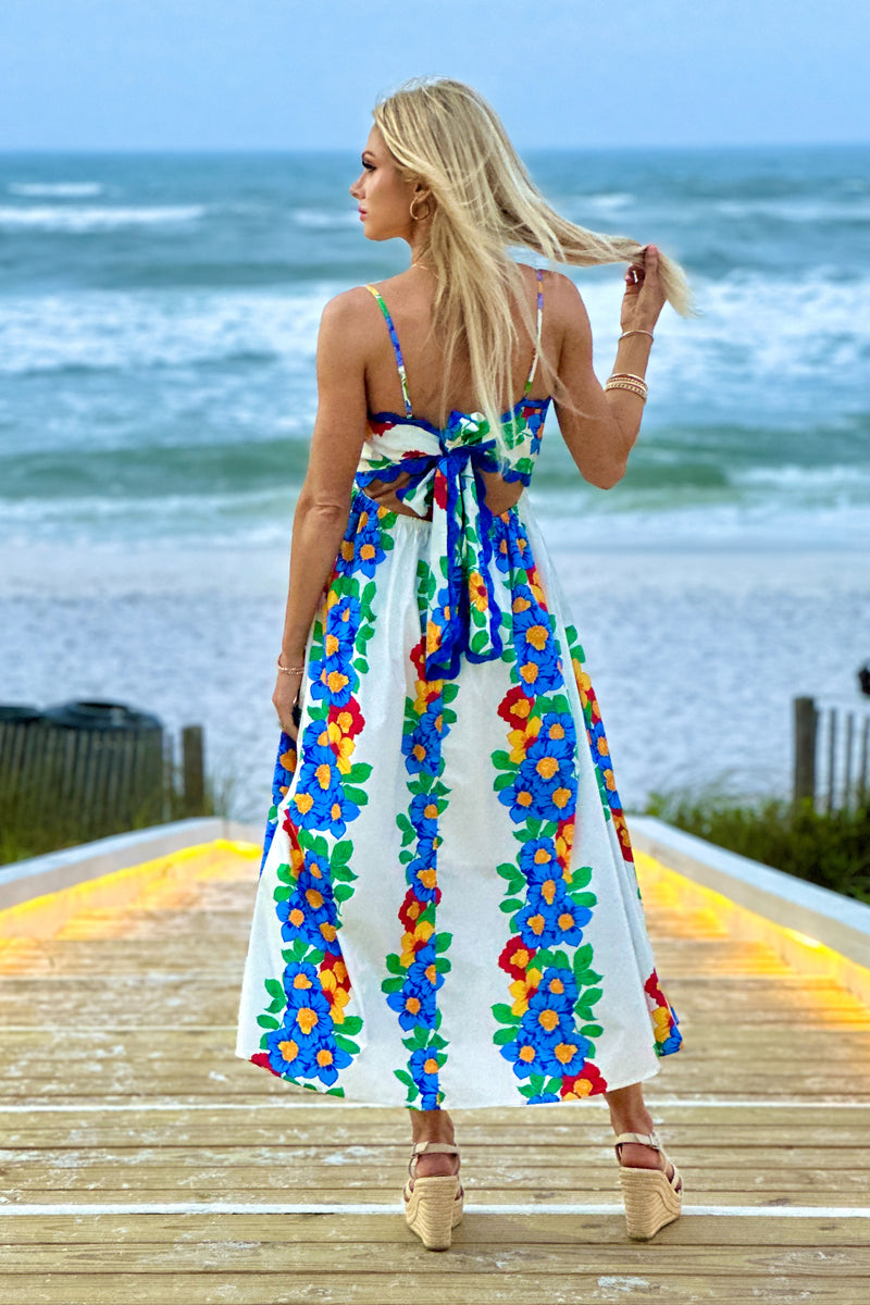 Chenoa Floral Wave Trim Maxi Dress : Blue