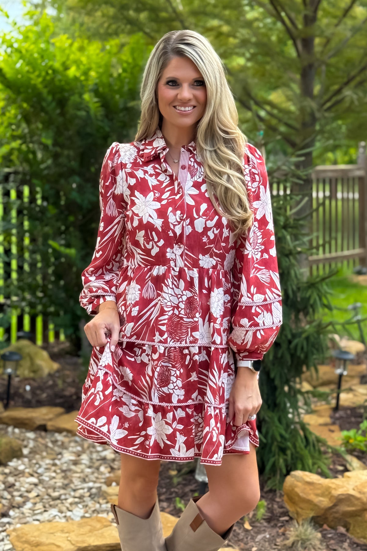Katlynne Floral Print Tiered Dress : Brick