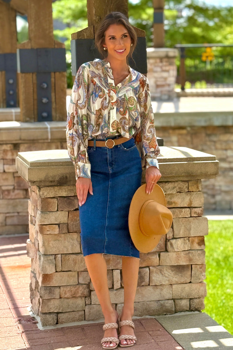 Addie Paisley Print Bubble Sleeve Top : Ivory