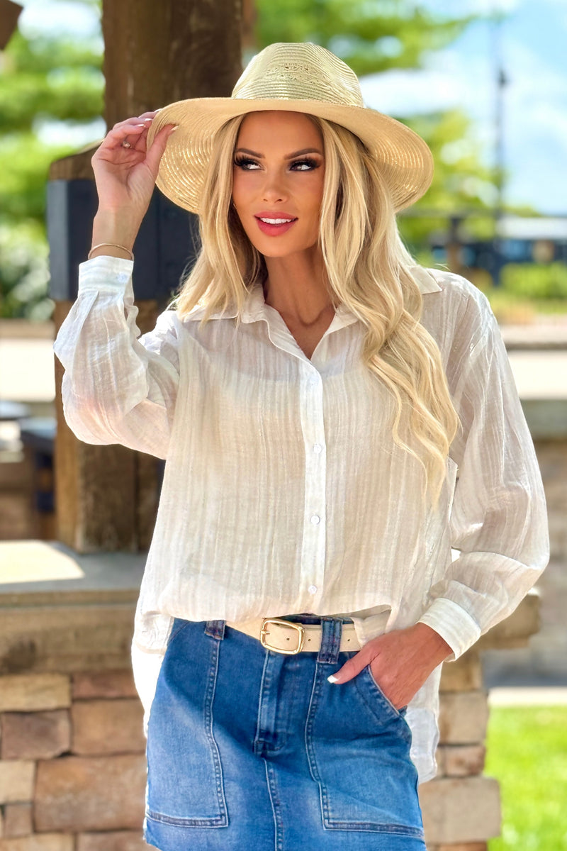 Sable Textured Shimmer Button Up Shirt : Sand