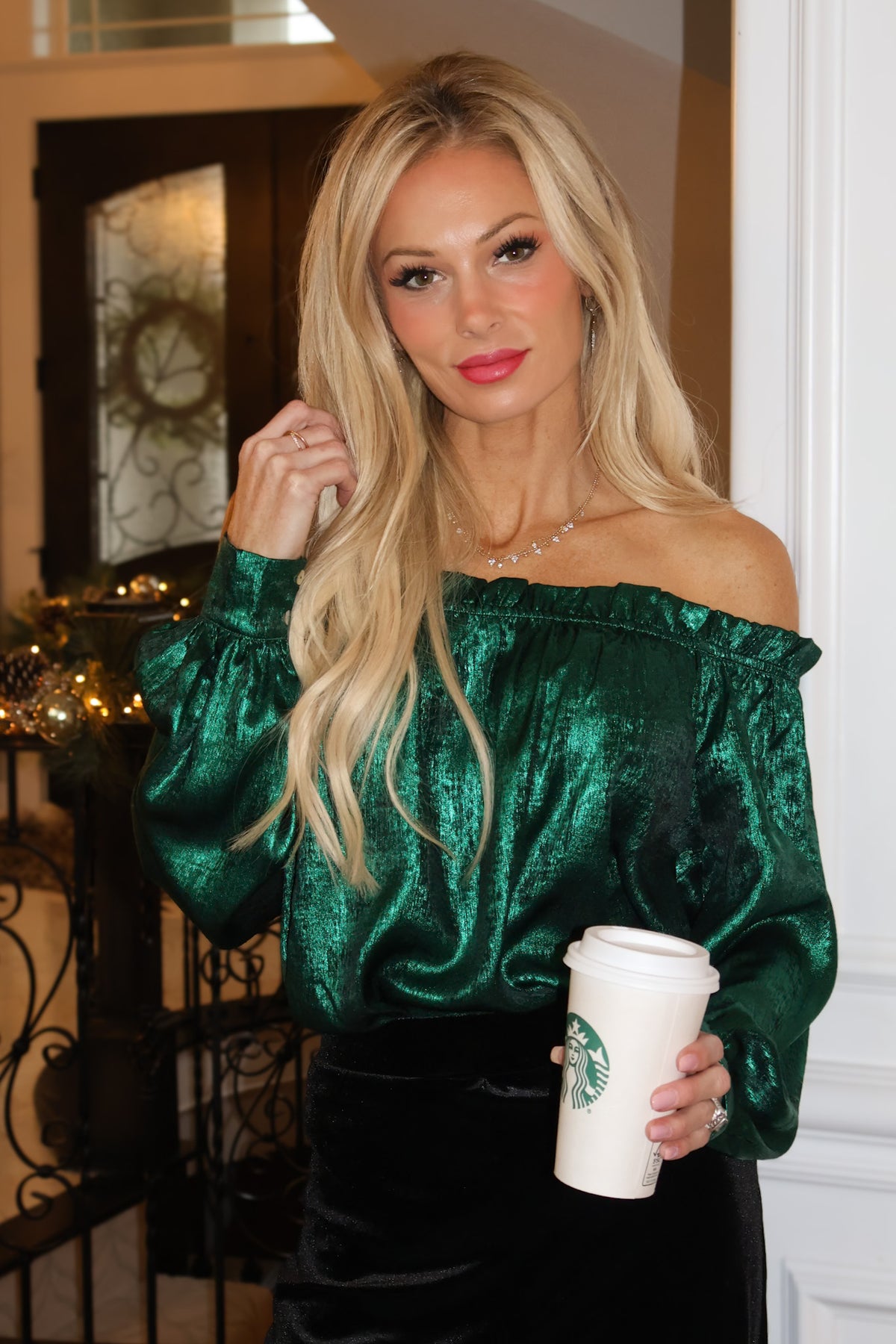 Agnes Off the Shoulder Metallic Blouse : Hunter Green