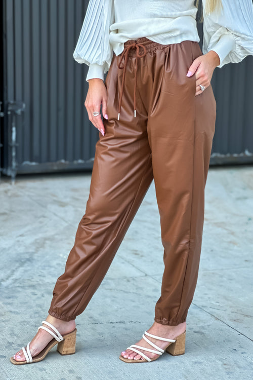 Feeling Brand New Pleather Joggers : Chocolate