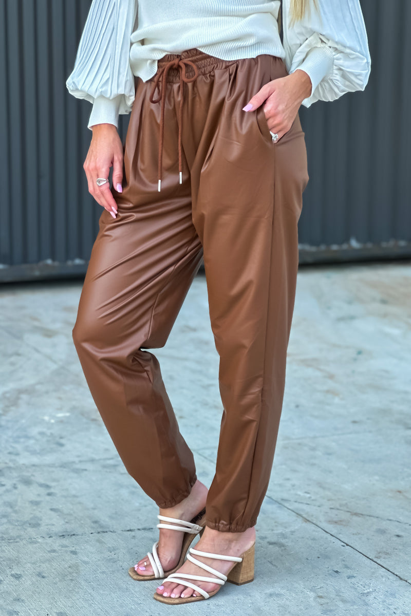 Feeling Brand New Pleather Joggers : Chocolate