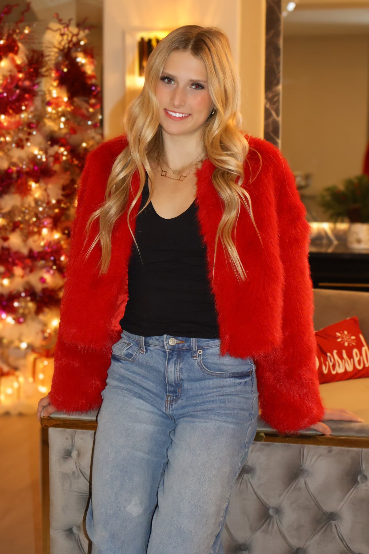 Galellea Faux Fur Crop Coat : Red