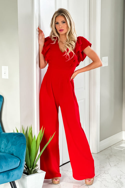 Take Me Out V-Neck Ruffle Sleeve Jumpsuit - Scarlet