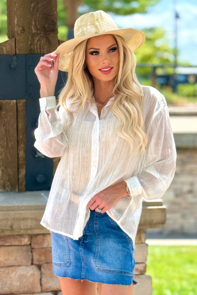 Sable Textured Shimmer Button Up Shirt : Sand