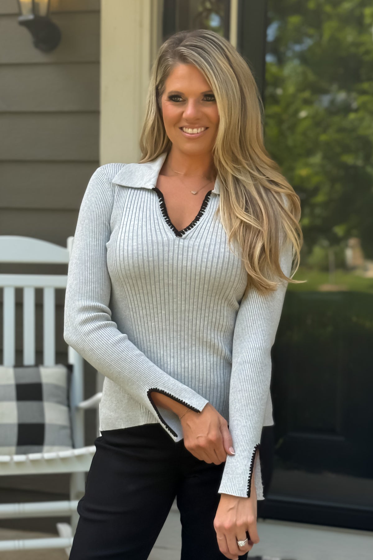 Tribal Katalia L/S Polo Sweater w/ Blanket Stitch : Grey