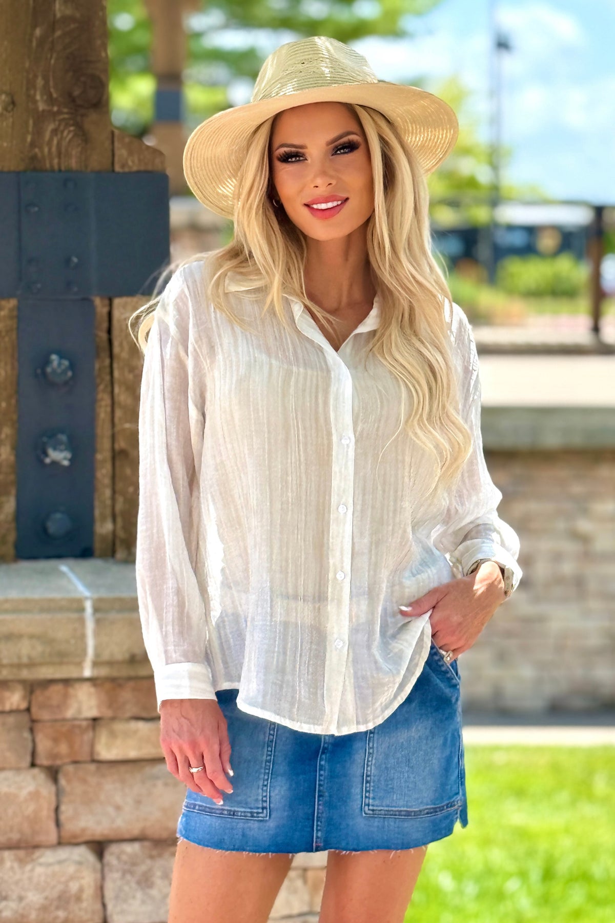 Sable Textured Shimmer Button Up Shirt : Sand