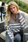 Russell 1/4 Zip Striped Pullover Sweater : Taupe/Ivory