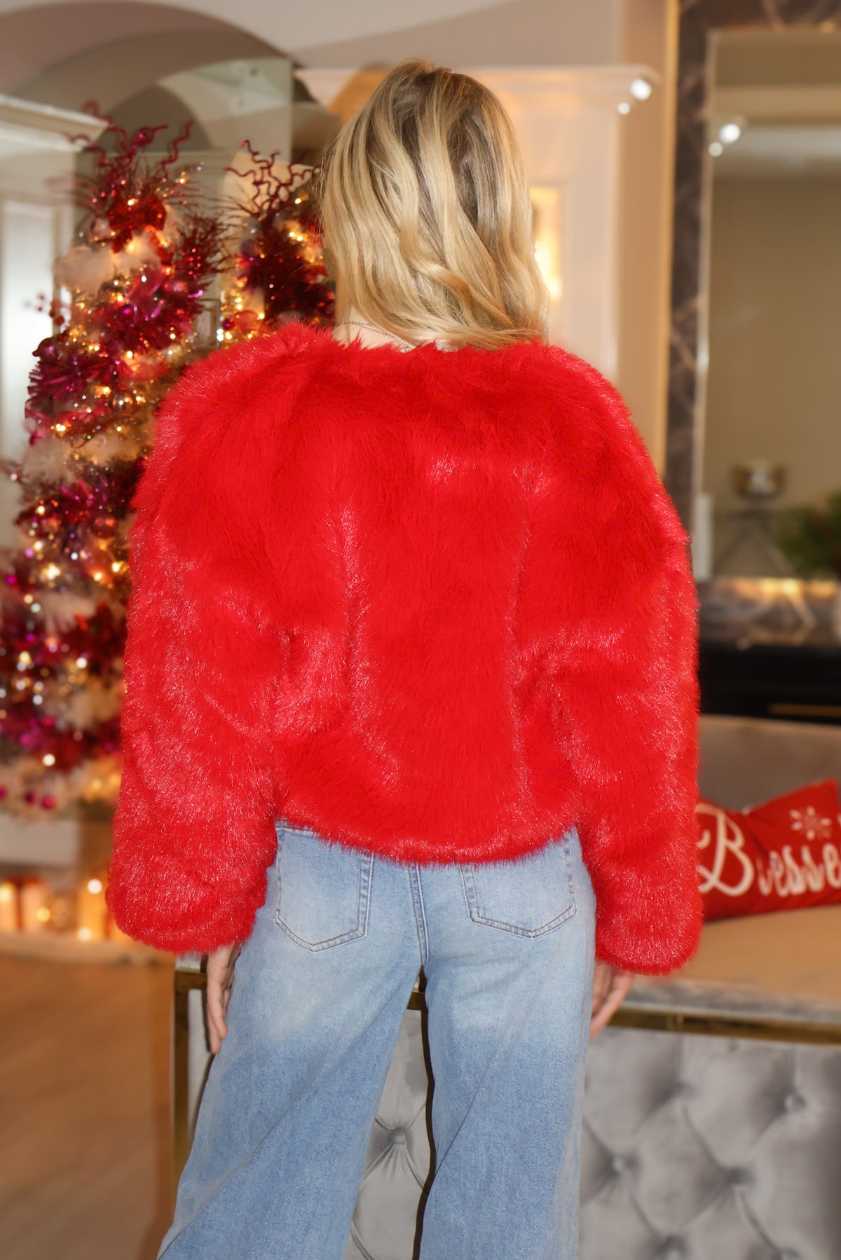 Galellea Faux Fur Crop Coat : Red