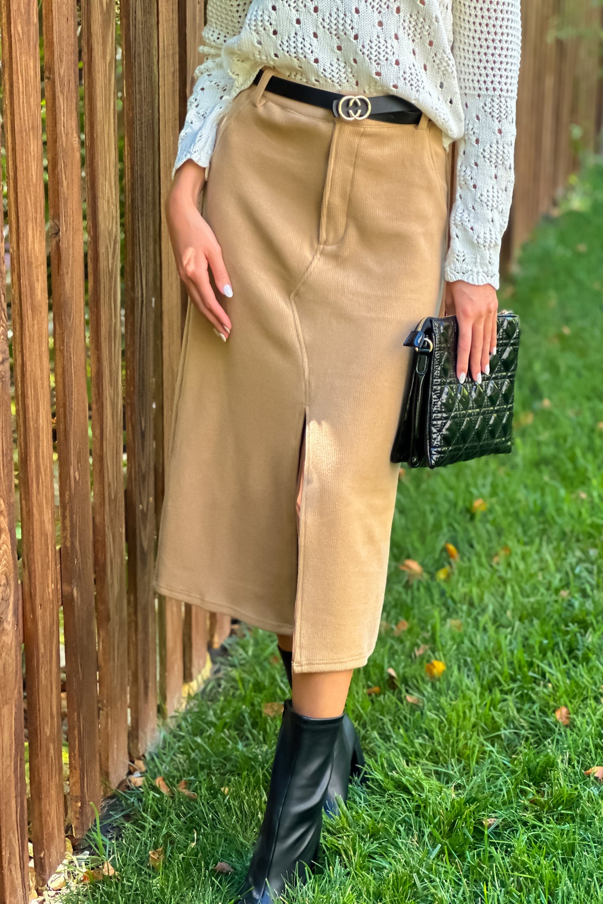 Elaine Stretch Rib Midi Skirt : Camel