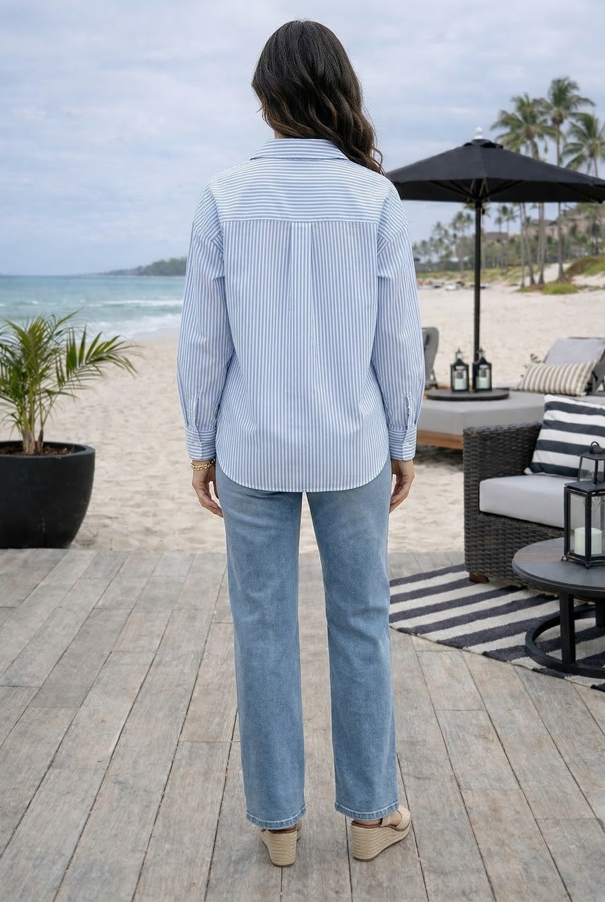 Dorothy Woven Long Sleeve Striped Top : Baby Blue
