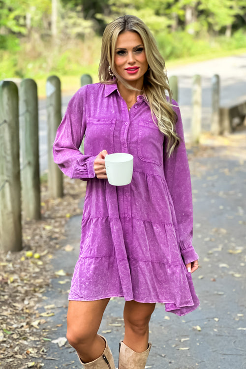 Playing My Song Button Down Tiered Dress : Violet