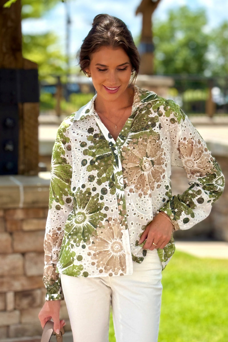 Annya Floral Cotton Eyelet Blouse : Green