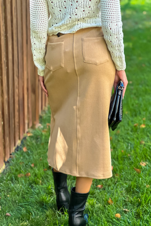 Elaine Stretch Rib Midi Skirt : Camel