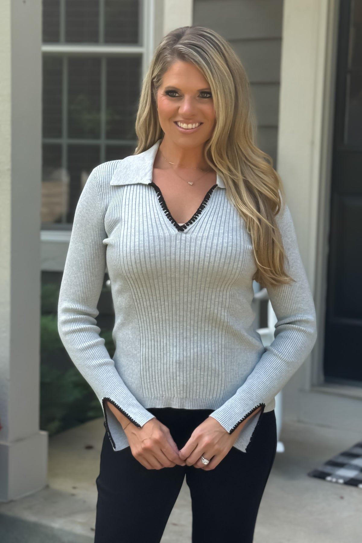 Tribal Katalia L/S Polo Sweater w/ Blanket Stitch : Grey