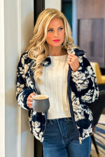 Crisp Winter Night Tribal Faux Fur Bomber : Sapphire