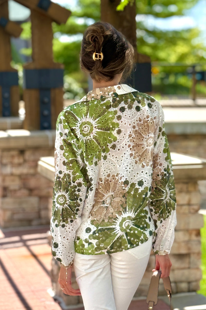 Annya Floral Cotton Eyelet Blouse : Green