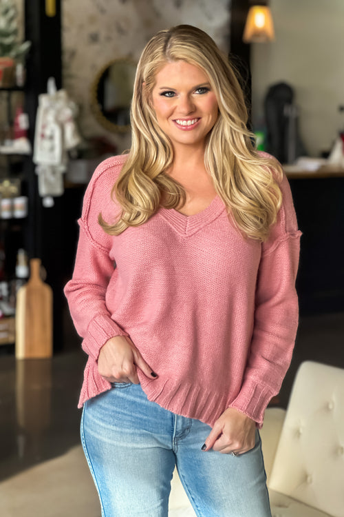Casually Yours Exposed Seam V-Neck Sweater : Pink