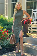 Taylin Ruching Split Midi Dress : Olive