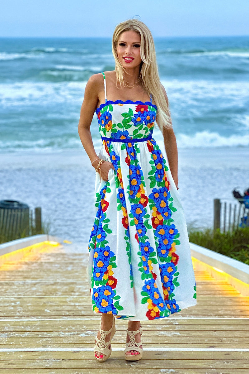 Chenoa Floral Wave Trim Maxi Dress : Blue