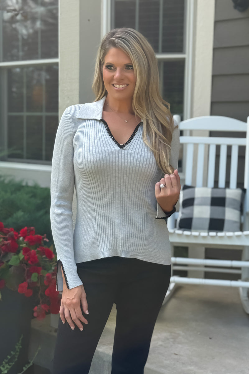 Tribal Katalia L/S Polo Sweater w/ Blanket Stitch : Grey