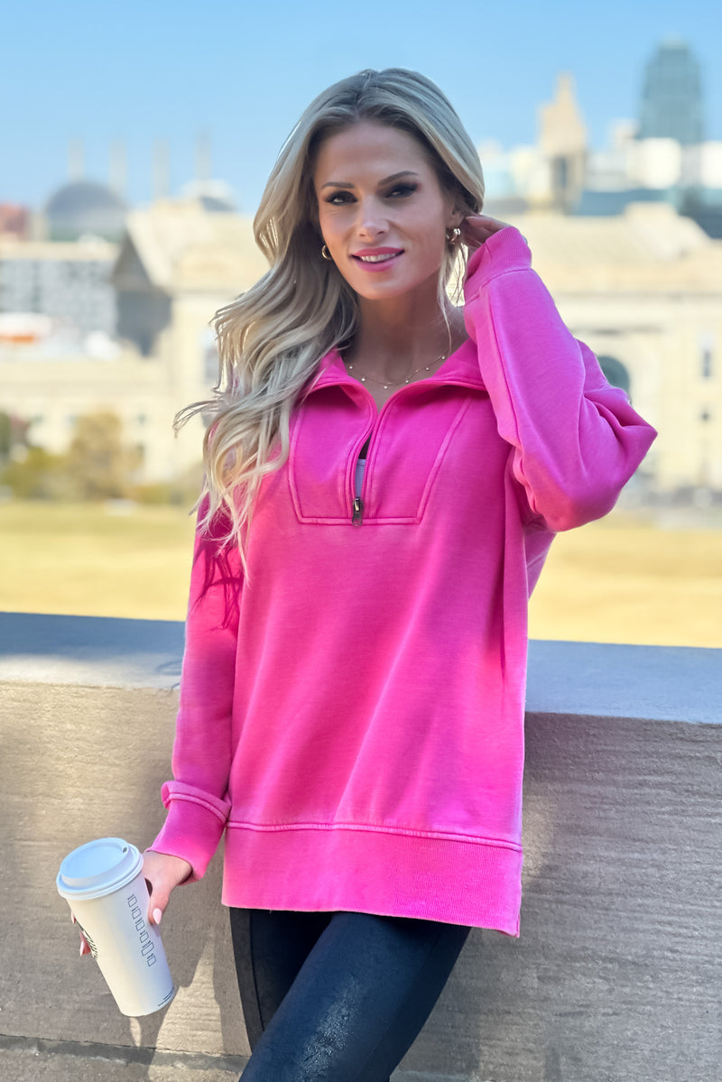 Thea Vintage Wash Long Pullover : Pink