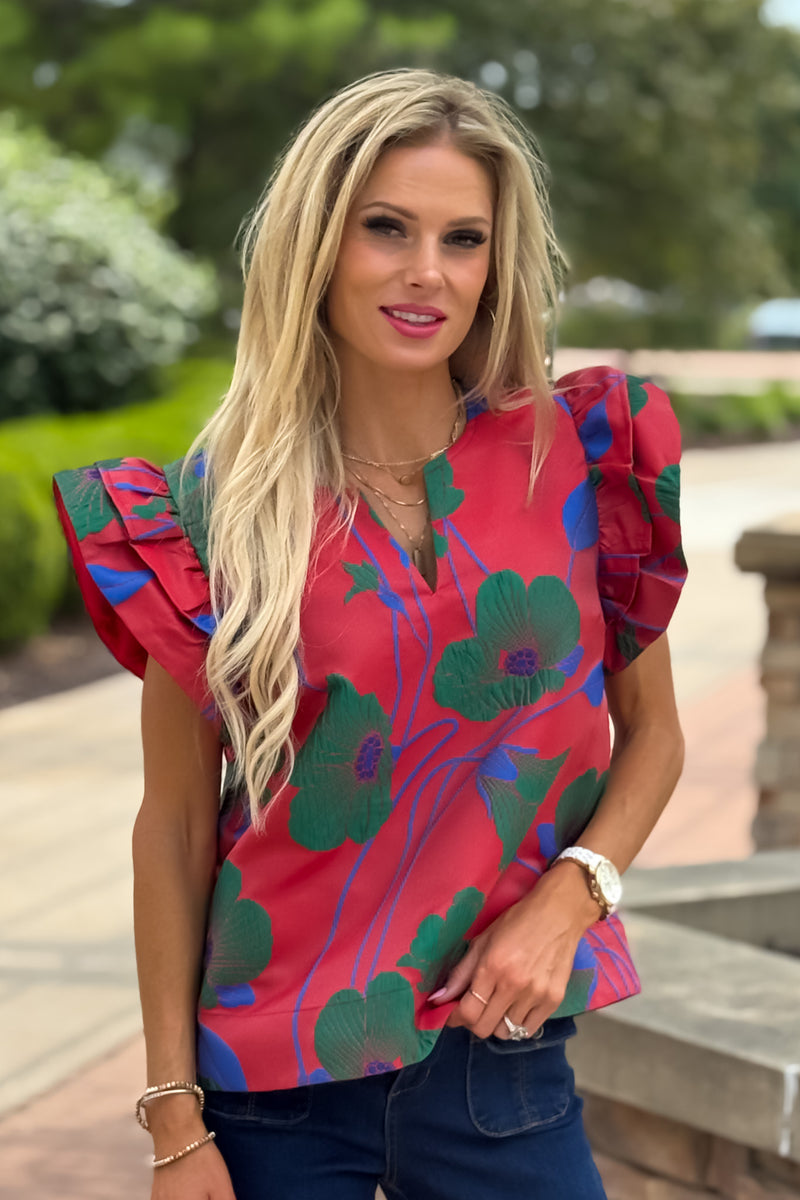 Bray Floral Embroidered Top : Red/Green