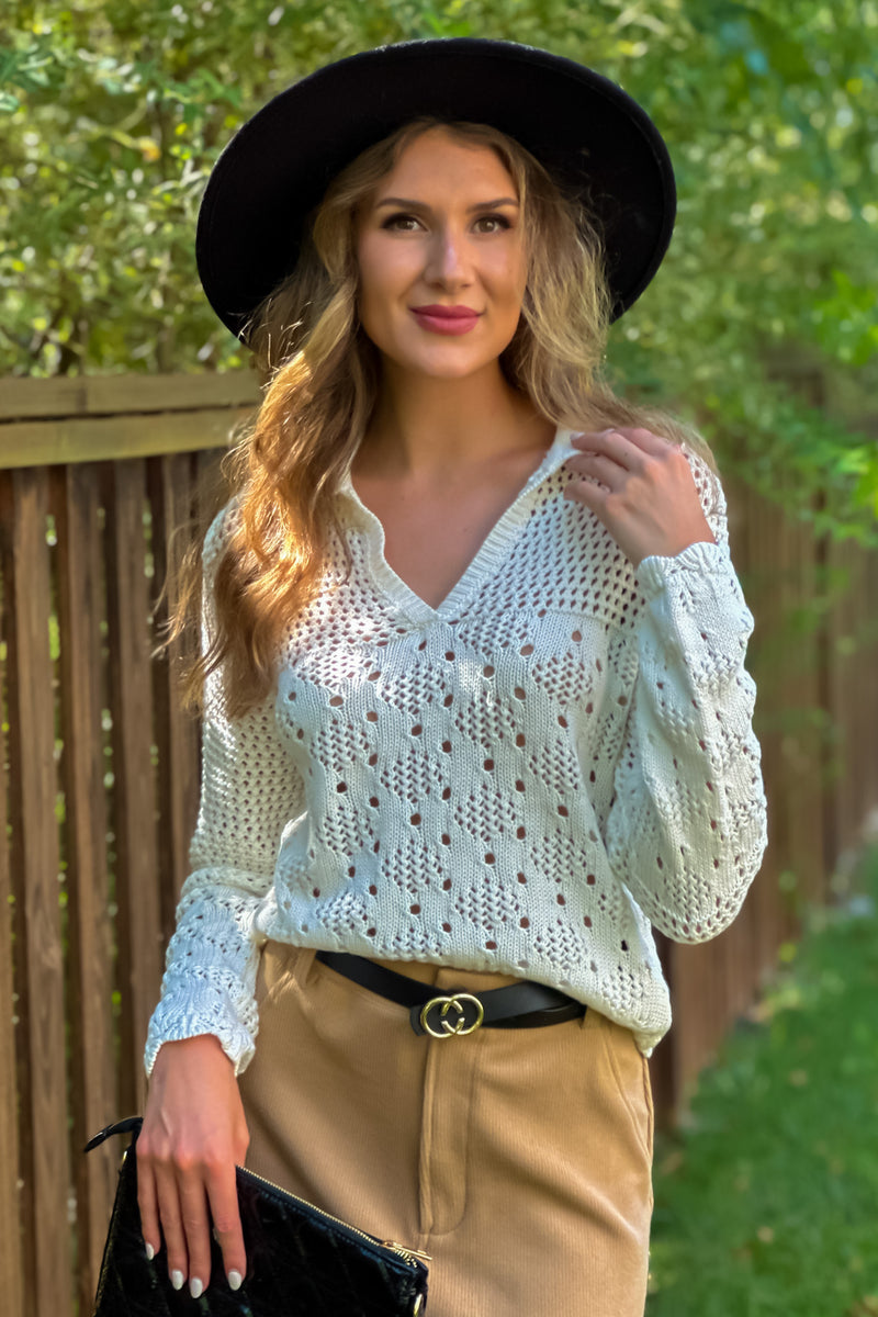 Joana Pointelle Knit Sweater : Ecru