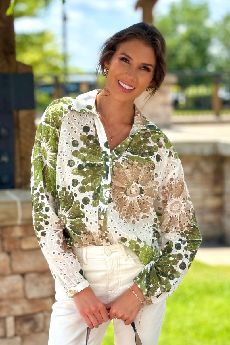 Annya Floral Cotton Eyelet Blouse : Green