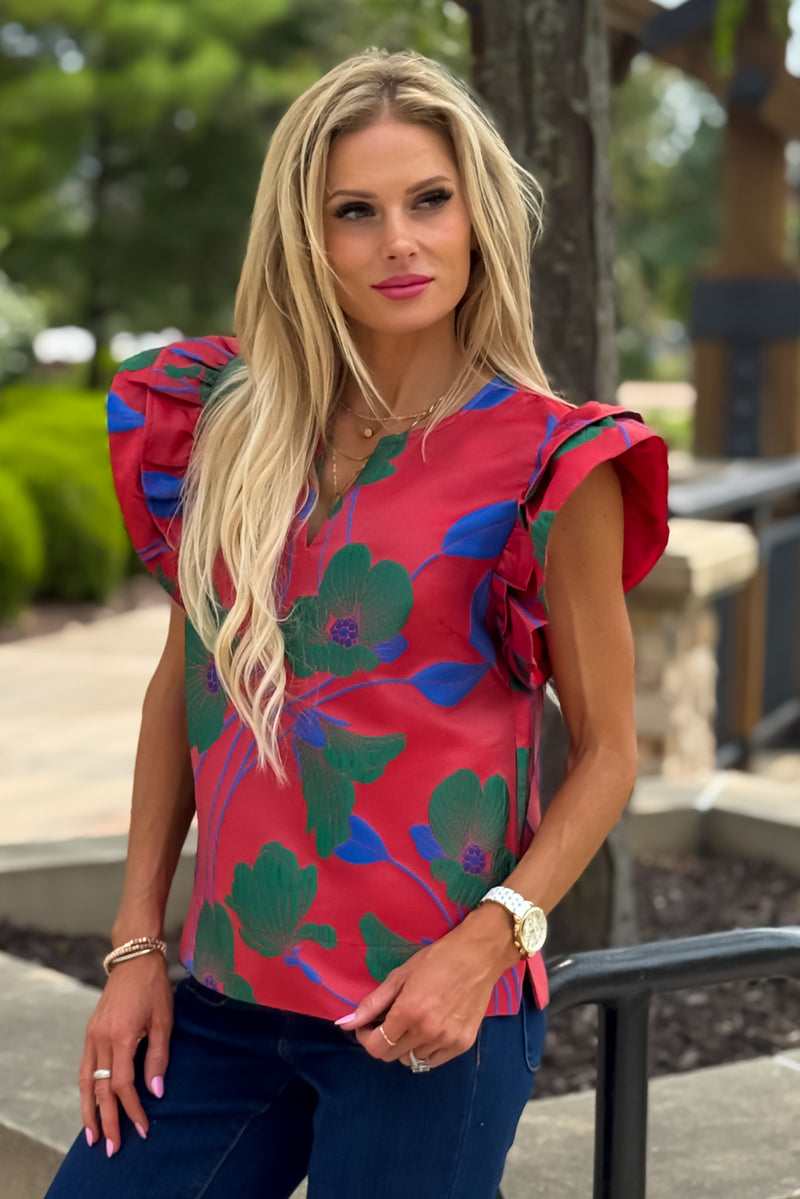 Bray Floral Embroidered Top : Red/Green