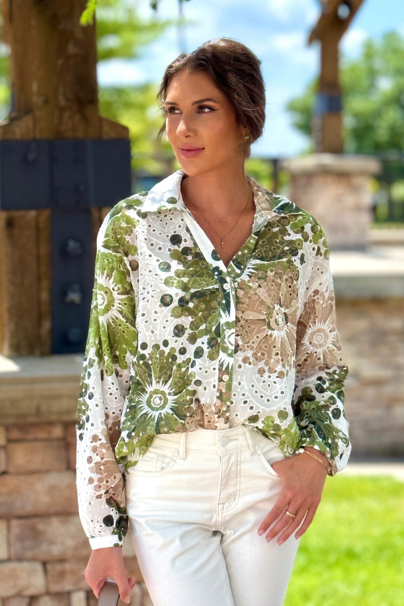 Annya Floral Cotton Eyelet Blouse : Green