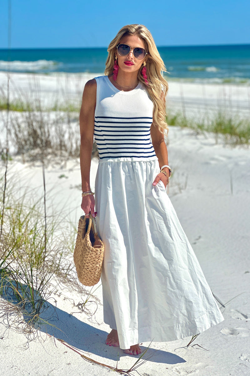 Juno Knit Top Woven Tank Dress : White/Navy