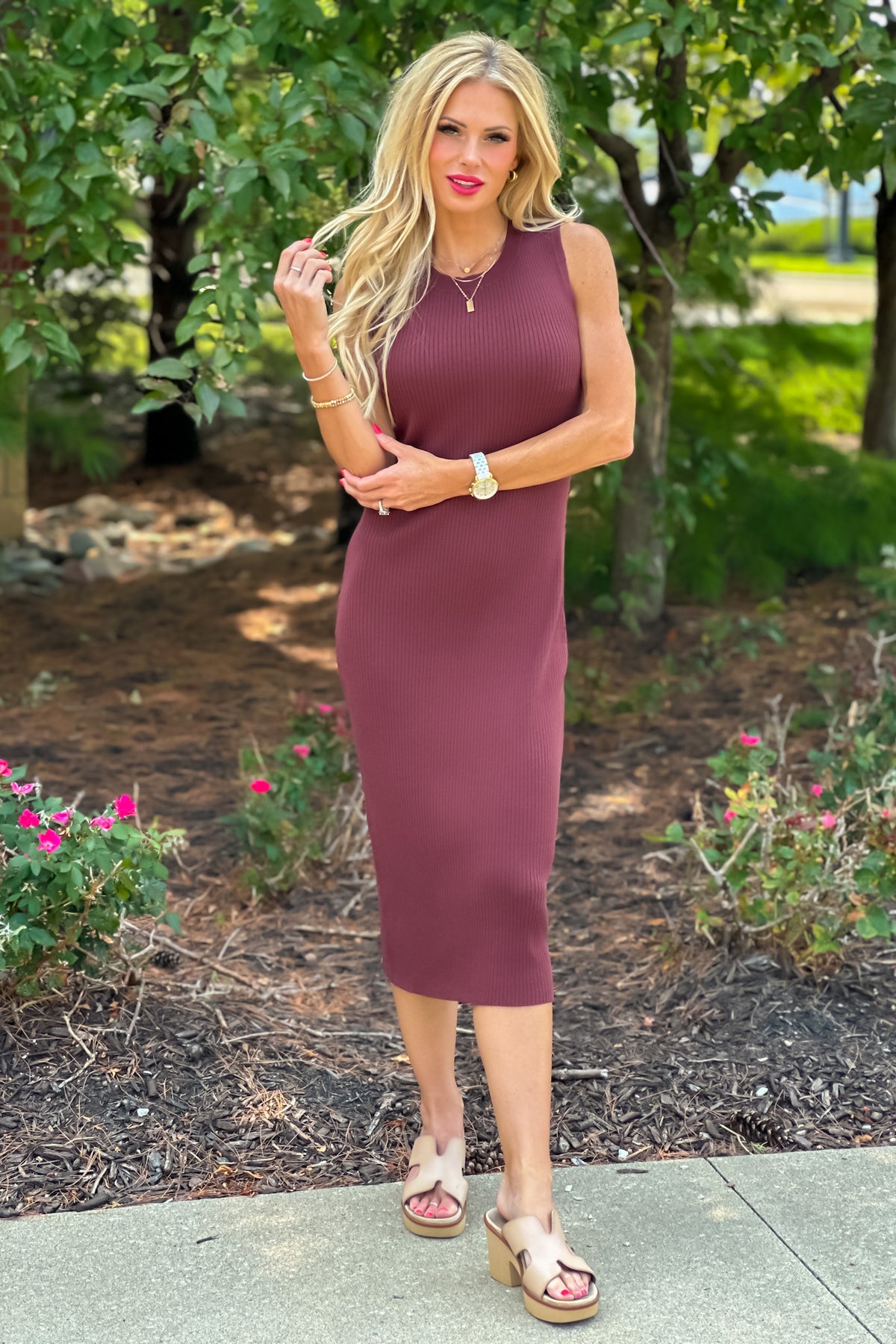 Danielle Ribbed Knit Midi Dress : Merlot