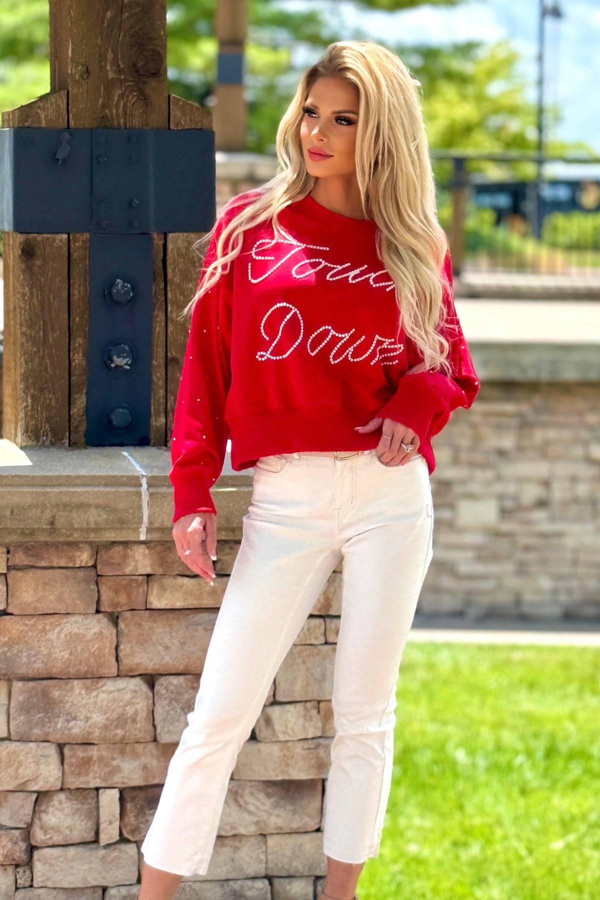 Gimme 6 Sweatshirt w/ Pearl Trim : Red
