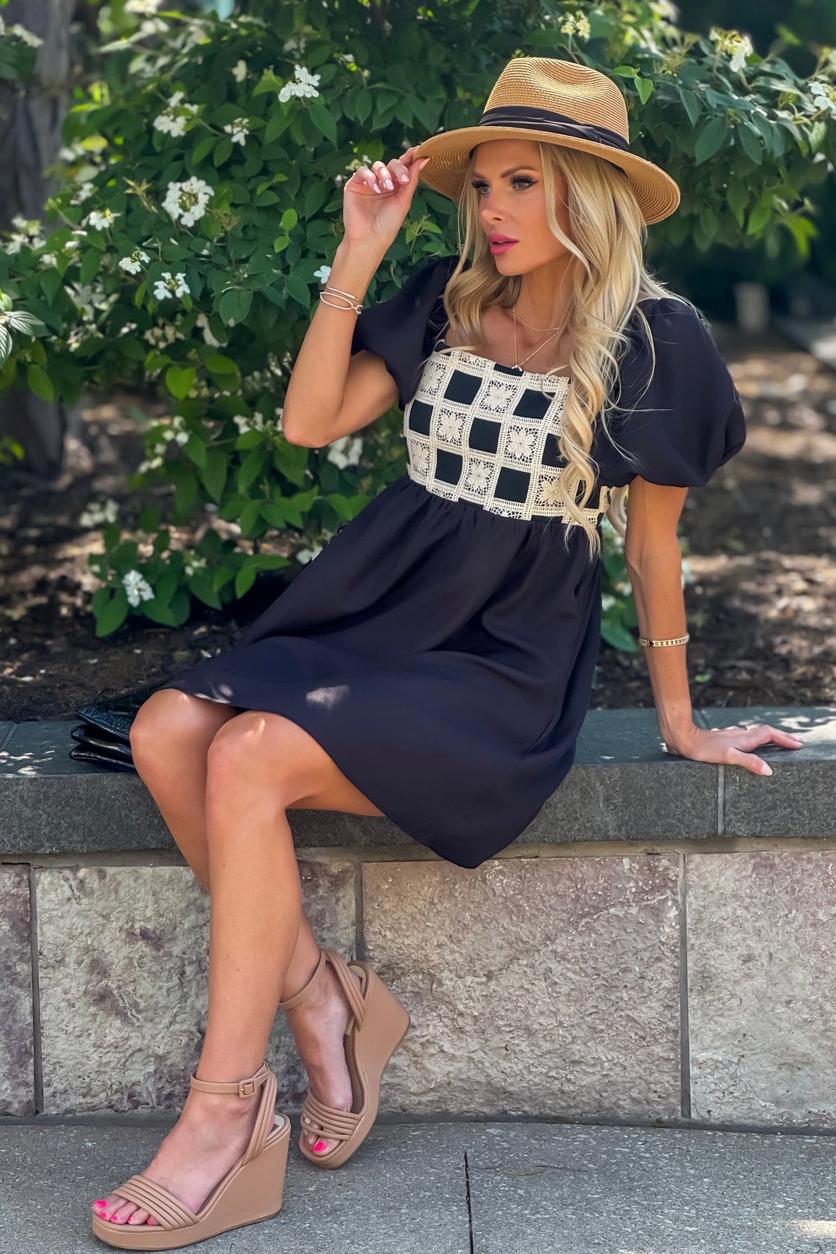 Telineah Crochet Checkered Mini Dress : Black