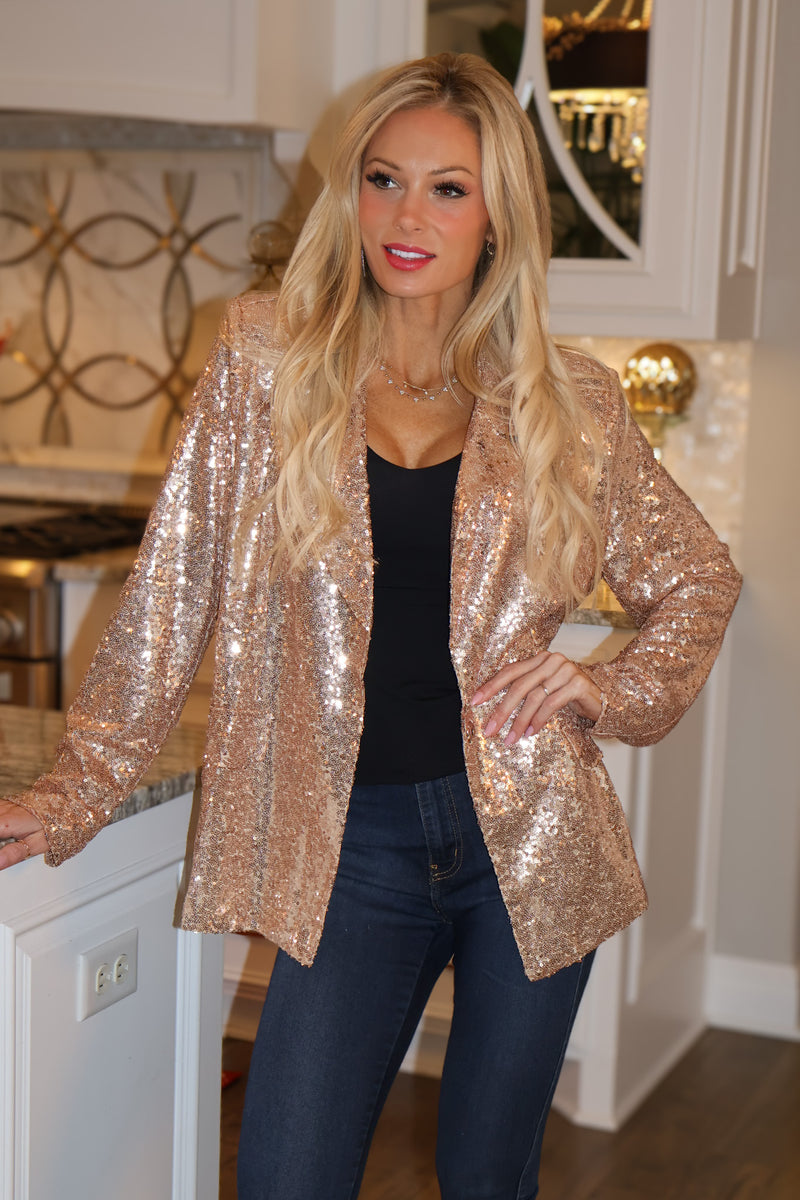 Anabella Notched Collar Sequin Oversize Blazer Jacket : Rose Gold