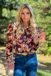 Raya Floral Print Satin Blouse : Black Multi